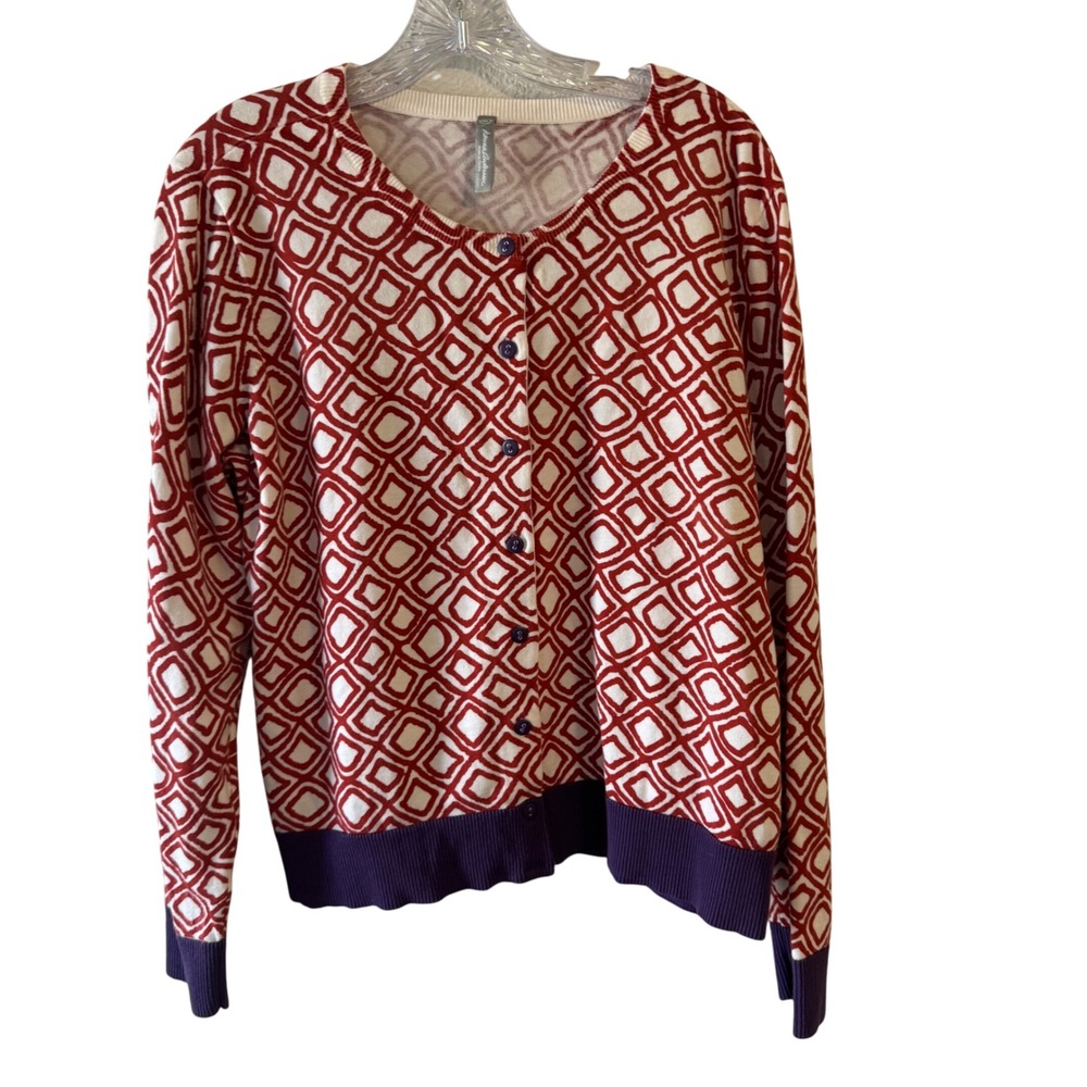 Hanna Andersson Red White Geometric‎ Knit Cardigan Sweater Women's XL